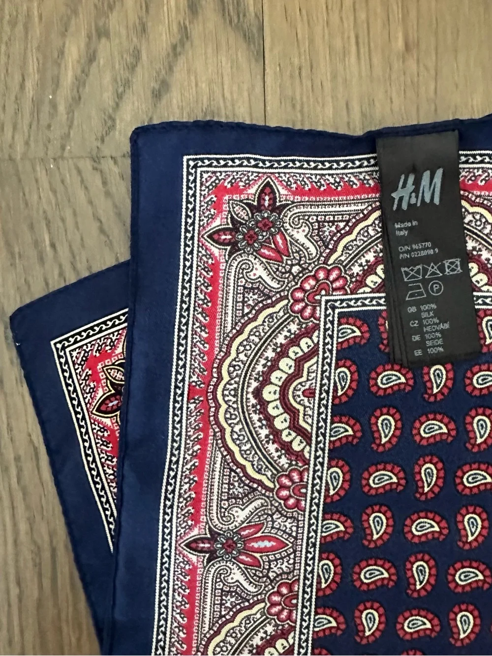 H&M Made in Italy Silk Paisley Print Silk Small Square Scarf Navy Multi 12.25